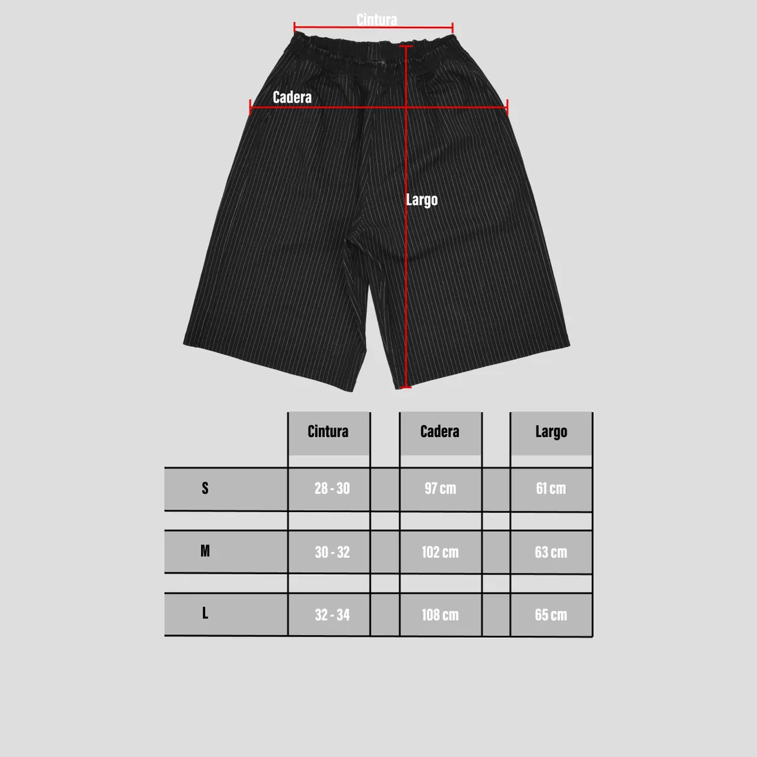 Tabla de medidas de Jorts Oversize Negros con Rayas Blancas