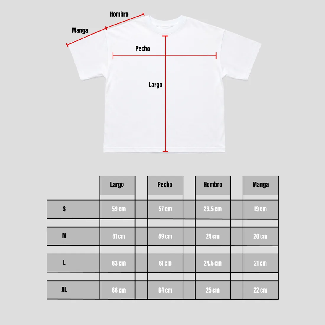 Tabla de medidas de Playera Manga Corta Oversize Blanca