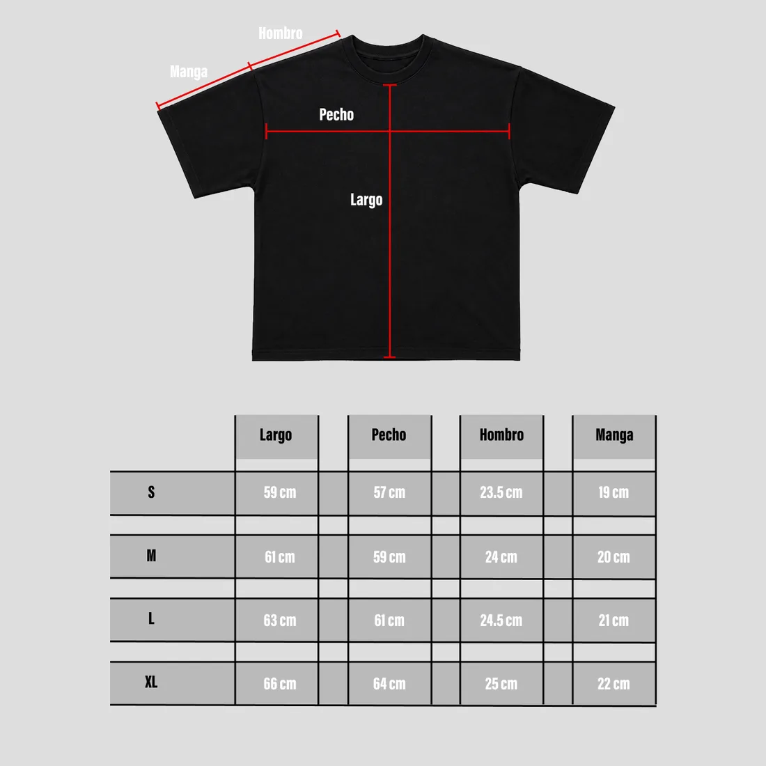 Tabla de medidas de Playera Manga Corta Oversize Negra