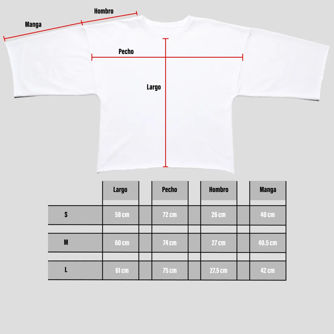 Tabla de medidas de Playera Manga Larga Oversize Blanca