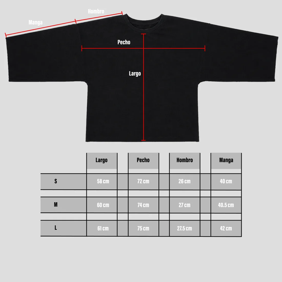 Tabla de medidas de Playera Manga Larga Oversize Negra