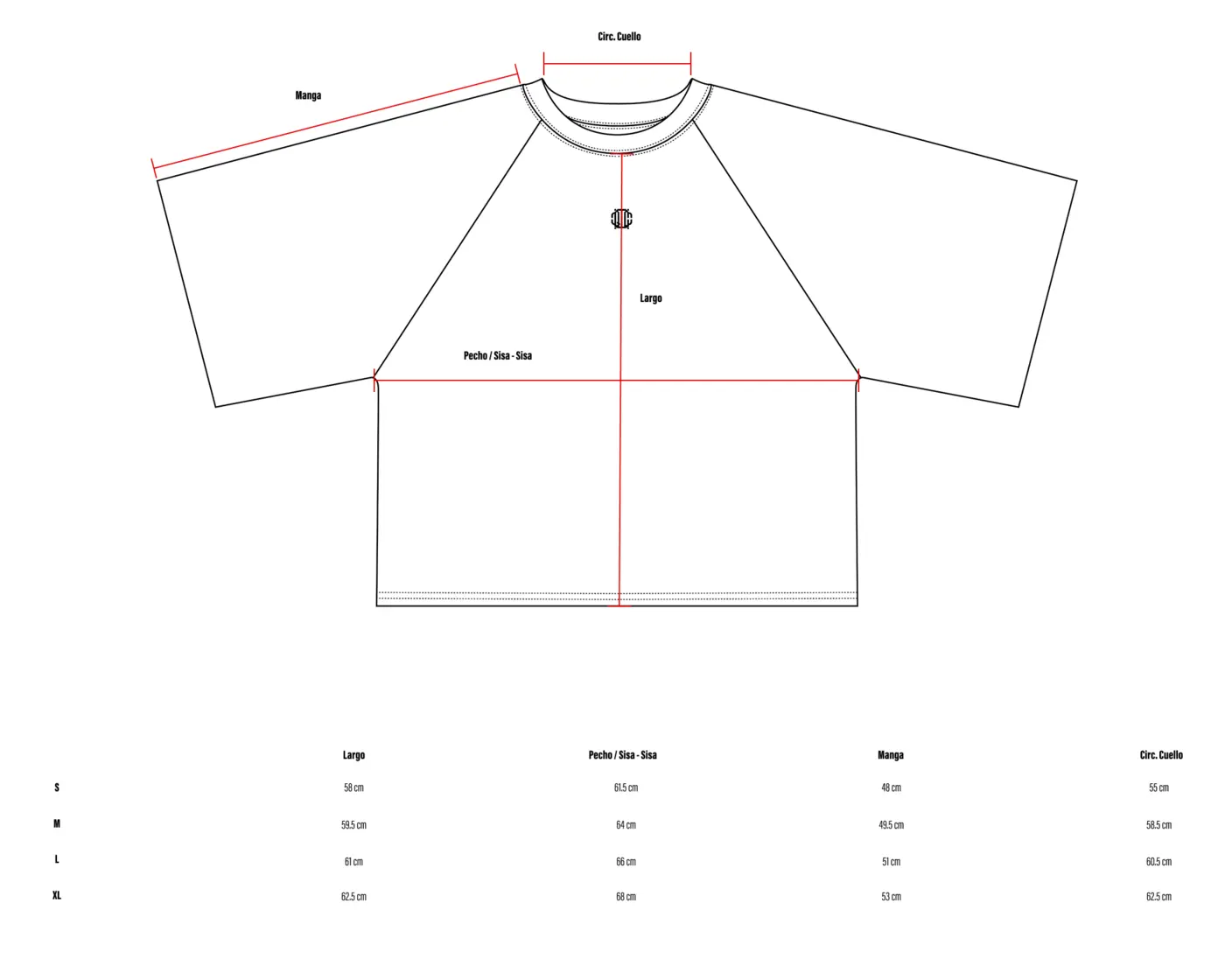 Tabla de medidas de Playera 3/4 Oversize Negra