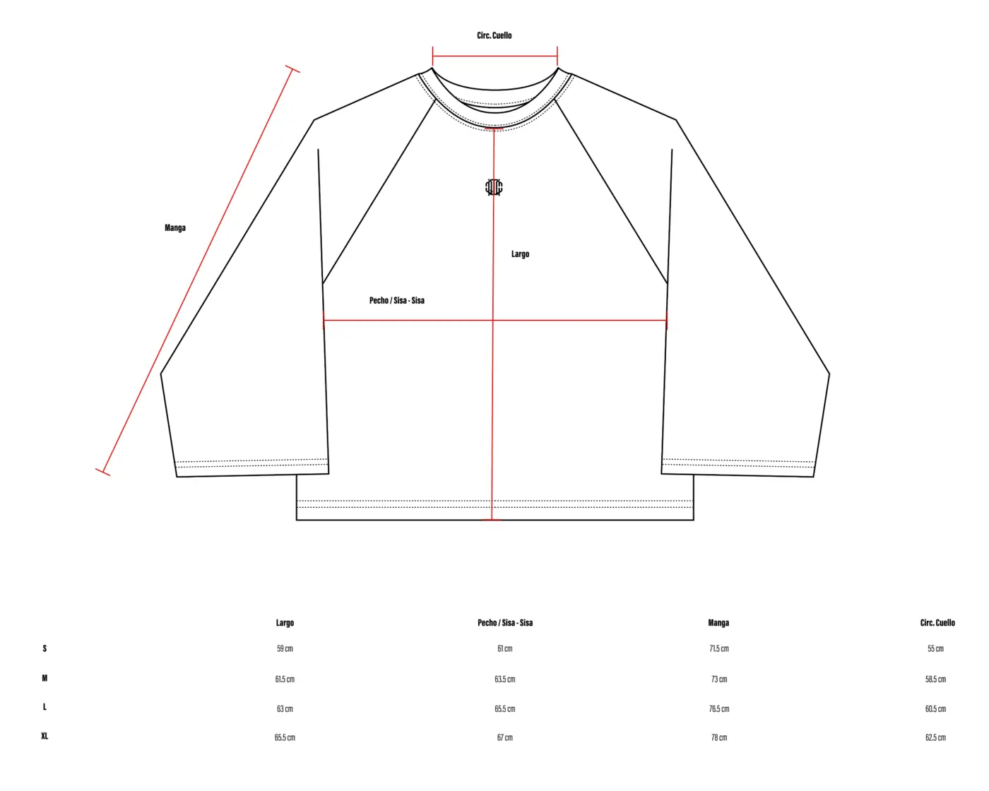 Tabla de medidas de Playera Manga Larga Oversize Bicolor