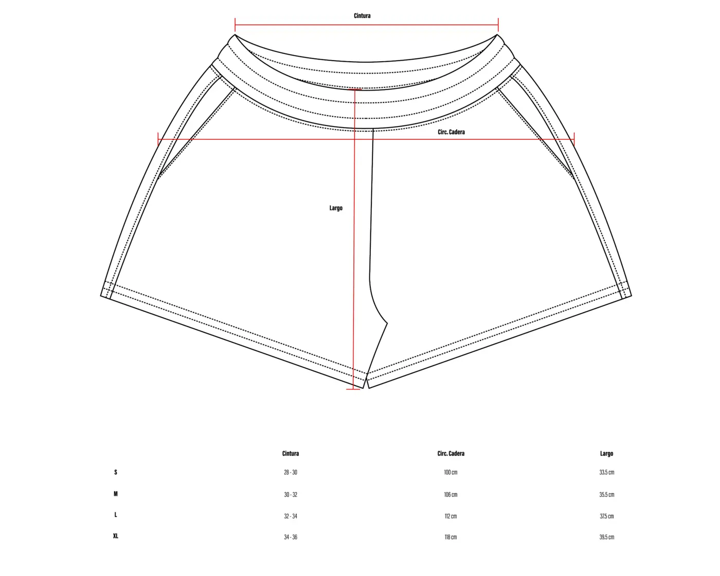 Tabla de medidas de Shorts Cortos Negros