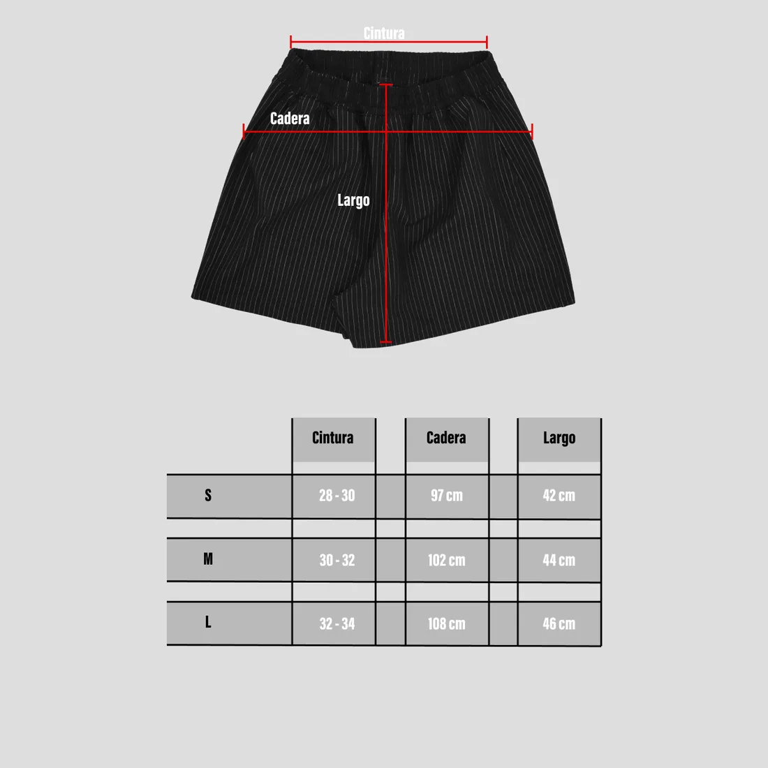Tabla de medidas de Shorts Cortos Negros con Rayas Blancas